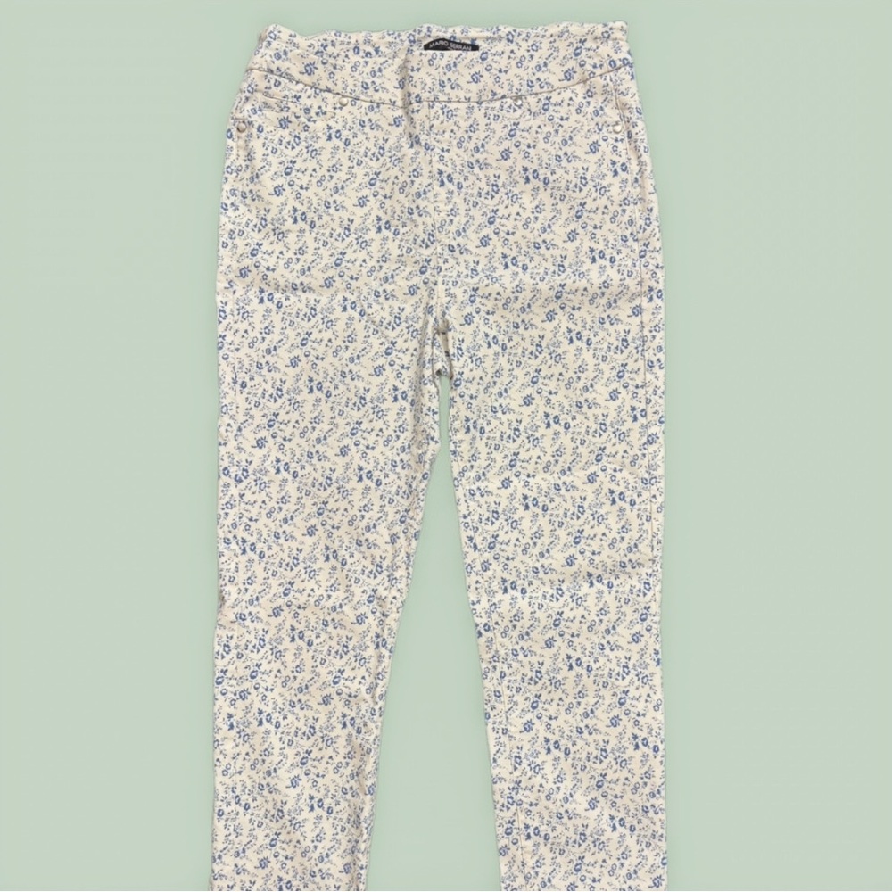 Blue Ditsy Floral Print Cropped Skinny Jeggings Midrise